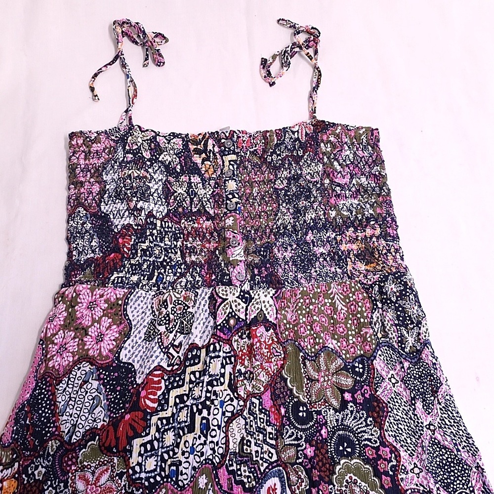 LOFT Midi Dress Womens Medium Pink Floral Smocked Bodice Tie Straps Rayon